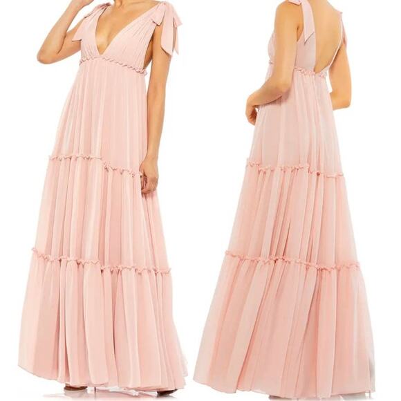 Ieena for Mac Duggal Blush Pink Tiered Chiffon Plunging V-Neck Maxi Dress 4 FLAW - Picture 1 of 13